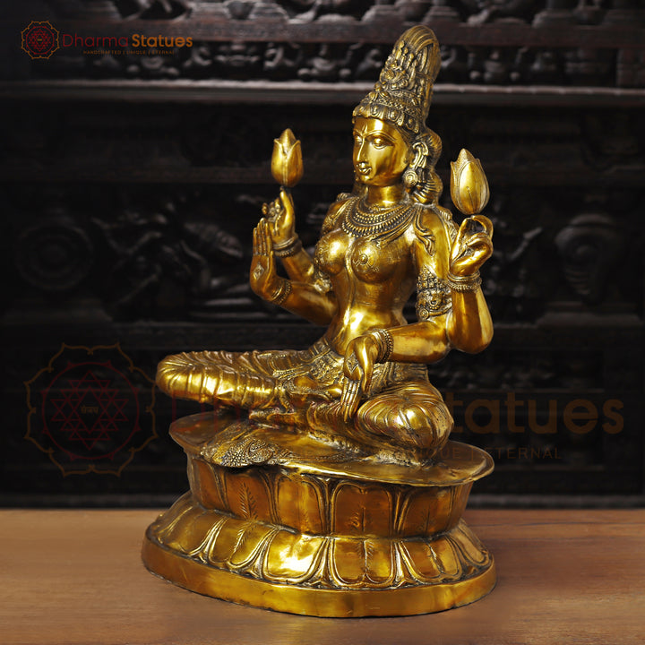 Lakshmi Brass Idol, Sitting on Lotus Pedastal , Fine Golden Work 34"