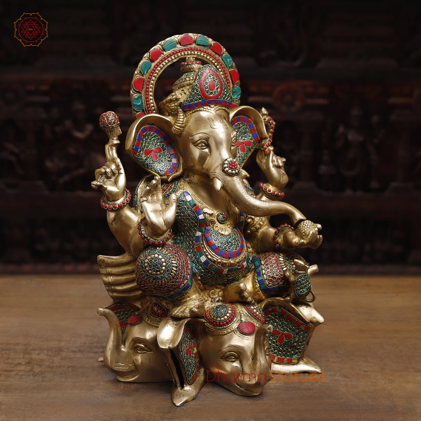 Brass Ganesh Seated on Elephant Pedestal, Stonework & Golden Finish, 20"