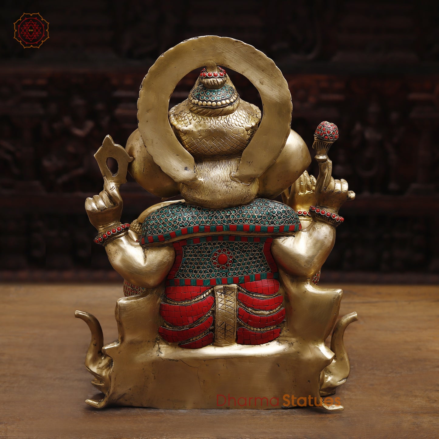 Brass Ganesh Seated on Elephant Pedestal, Stonework & Golden Finish, 20"