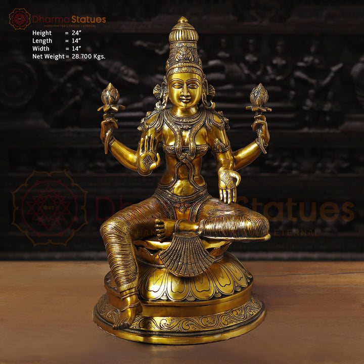 Brass Lakshmi Idol, Sitting on a Lotus, Golden Fine Work 24"