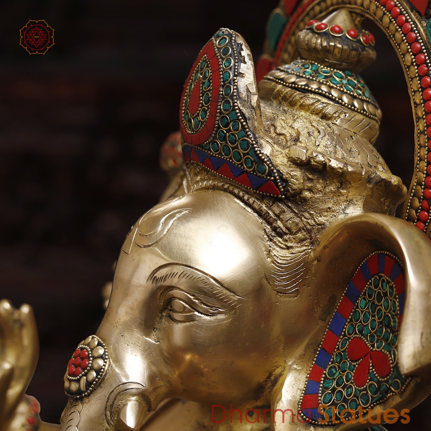 Brass Ganesh Seated on Elephant Pedestal, Stonework & Golden Finish, 20"