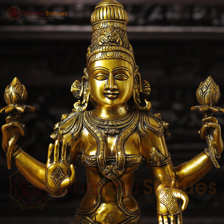 Brass Lakshmi Idol, Sitting on a Lotus, Golden Fine Work 24"