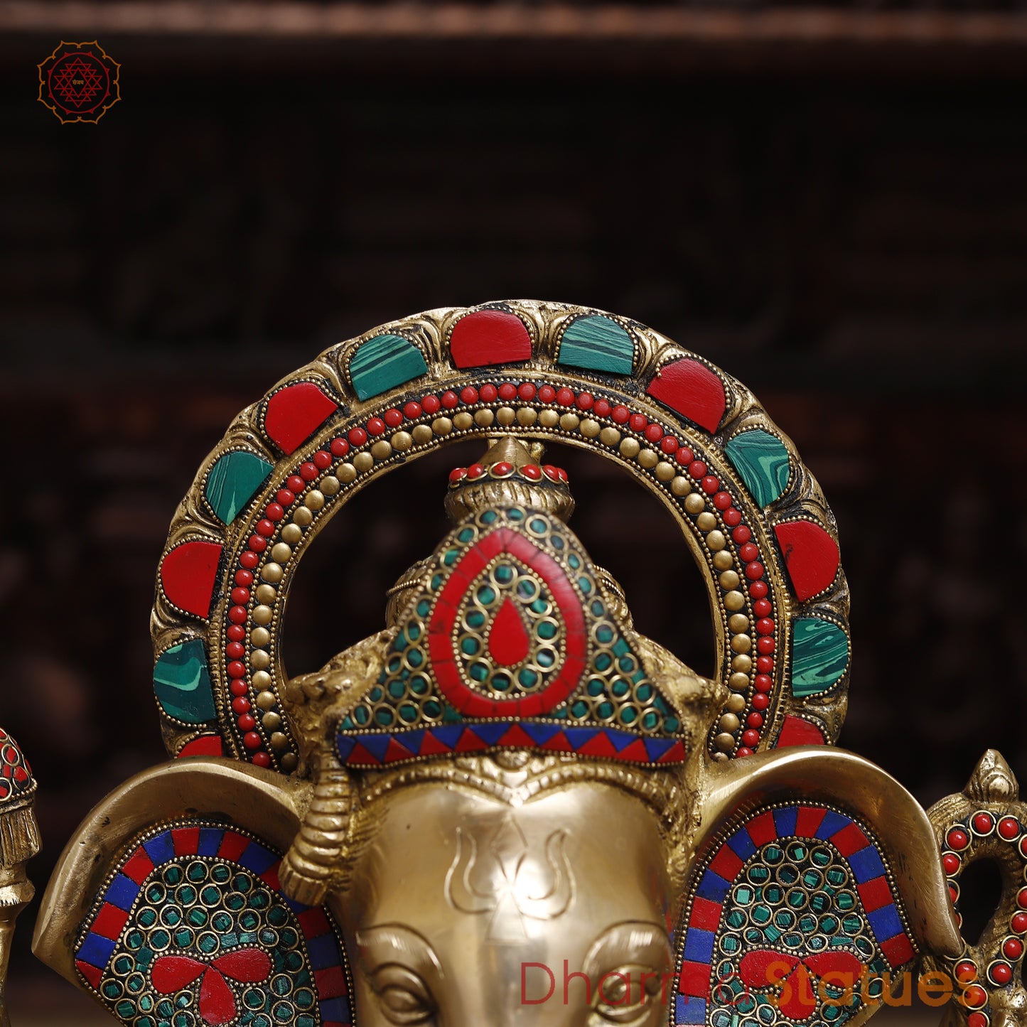 Brass Ganesh Seated on Elephant Pedestal, Stonework & Golden Finish, 20"