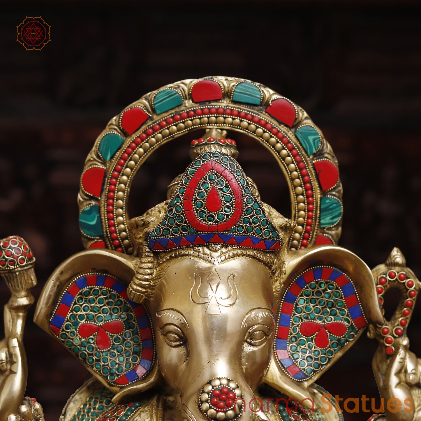 Brass Ganesh Seated on Elephant Pedestal, Stonework & Golden Finish, 20"