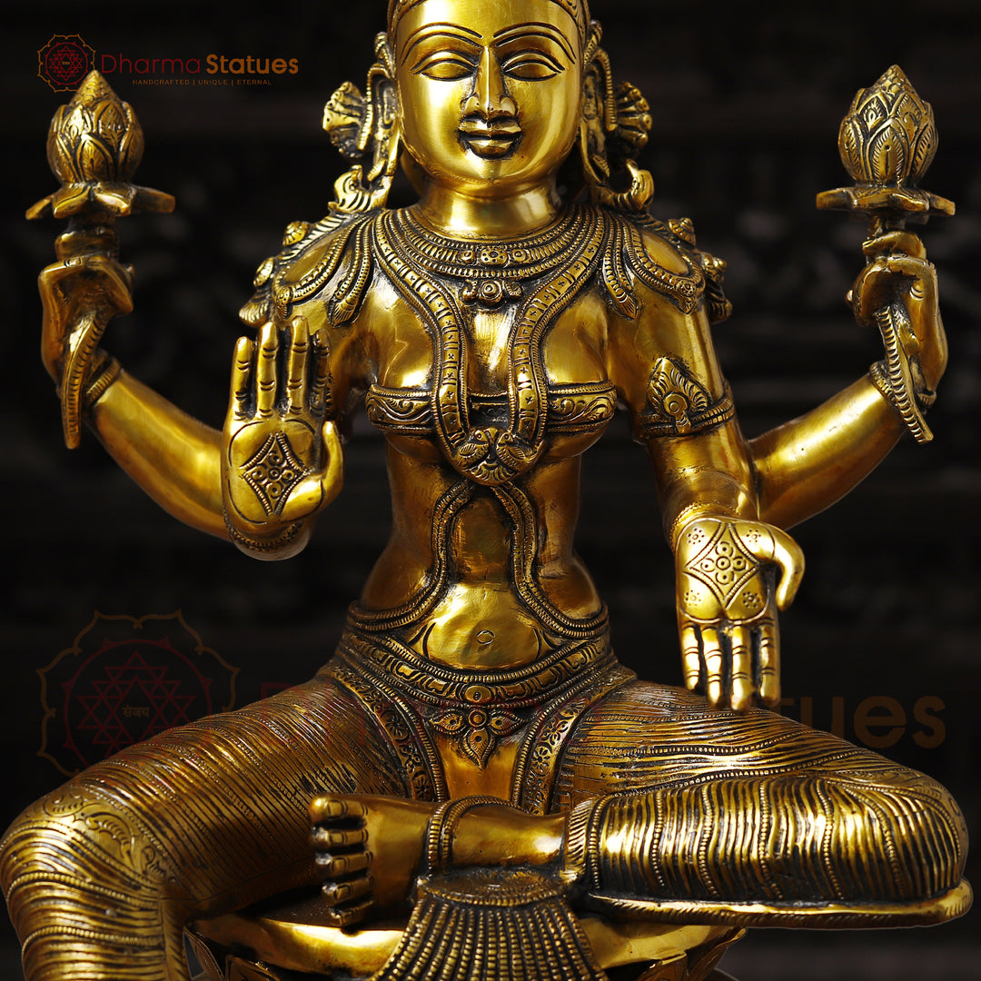 Brass Lakshmi Idol, Sitting on a Lotus, Golden Fine Work 24"