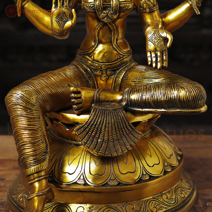 Brass Lakshmi Idol, Sitting on a Lotus, Golden Fine Work 24"