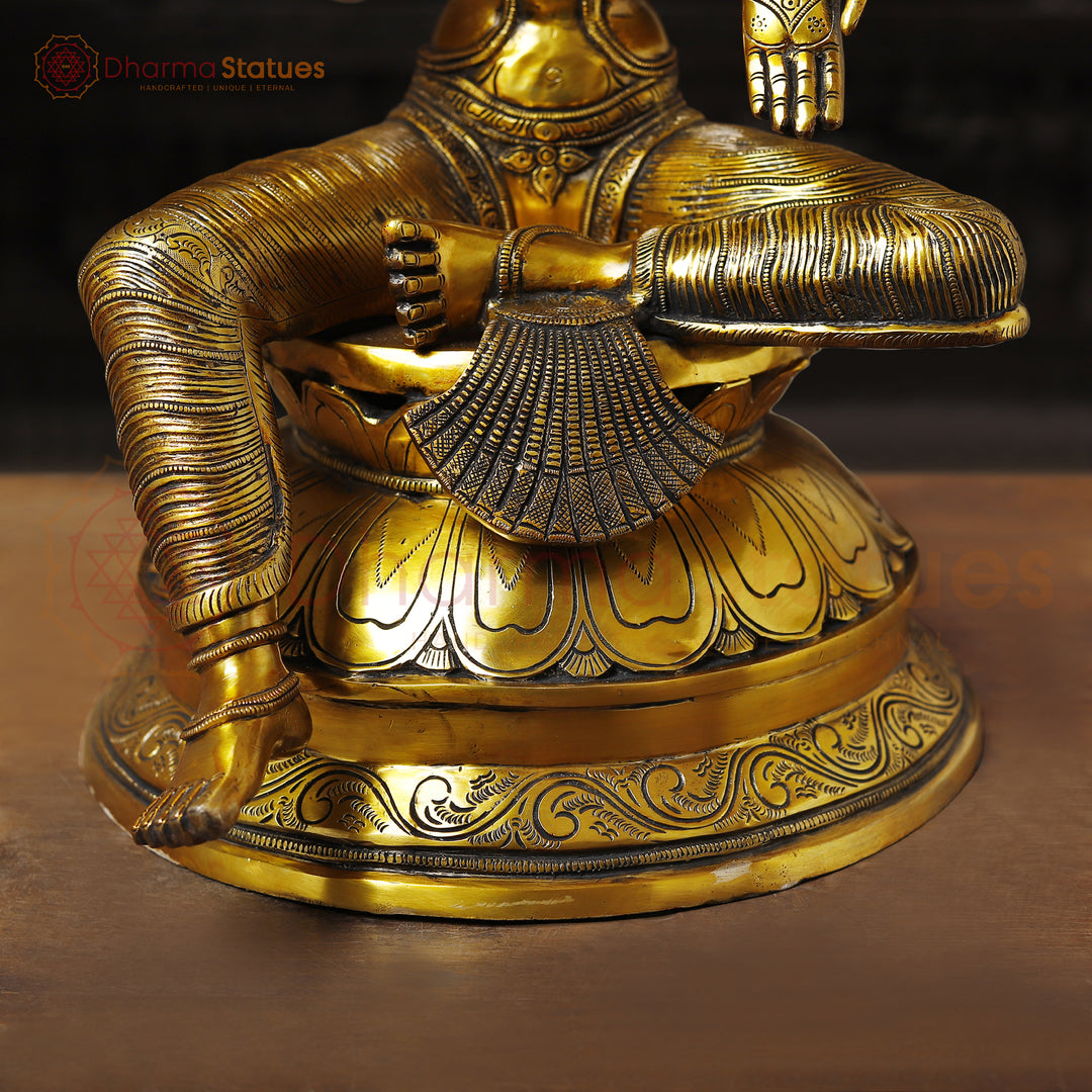 Brass Lakshmi Idol, Sitting on a Lotus, Golden Fine Work 24"