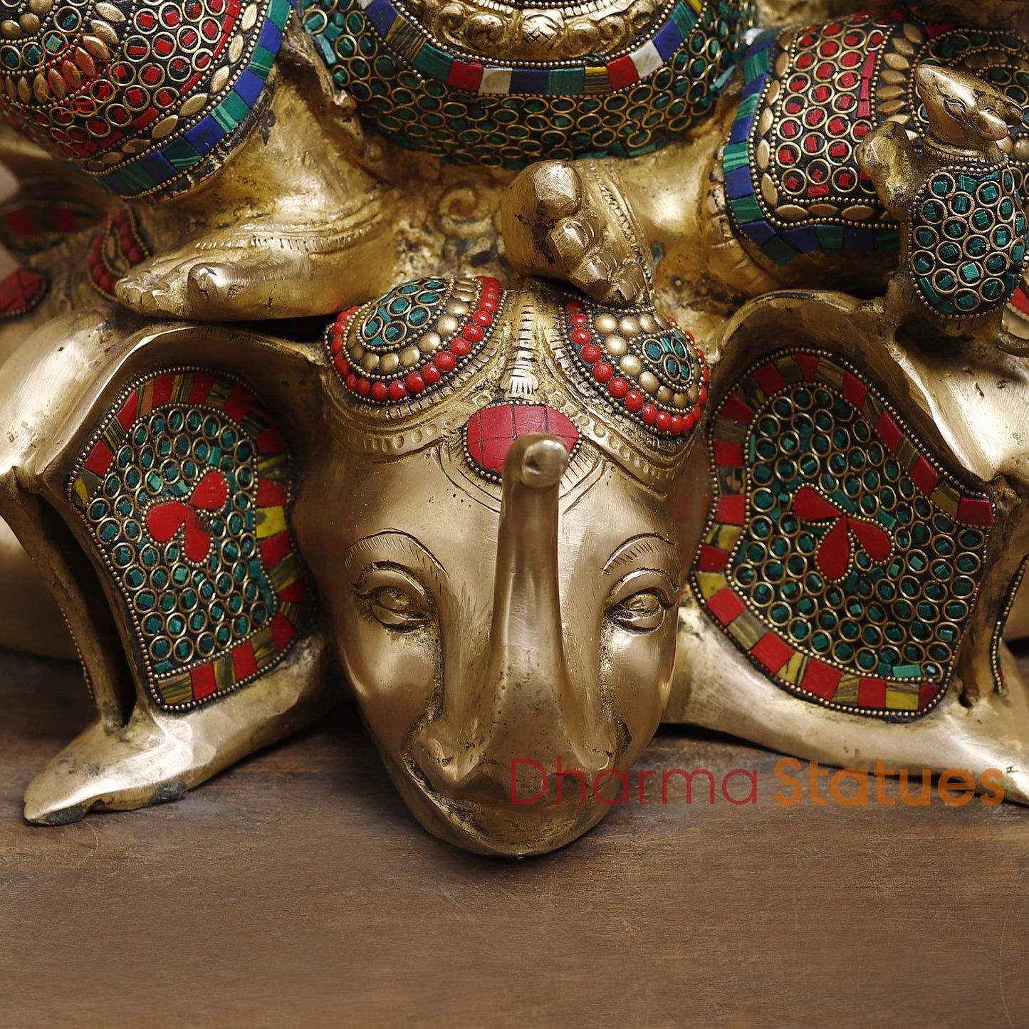 Brass Ganesh Seated on Elephant Pedestal, Stonework & Golden Finish, 20"