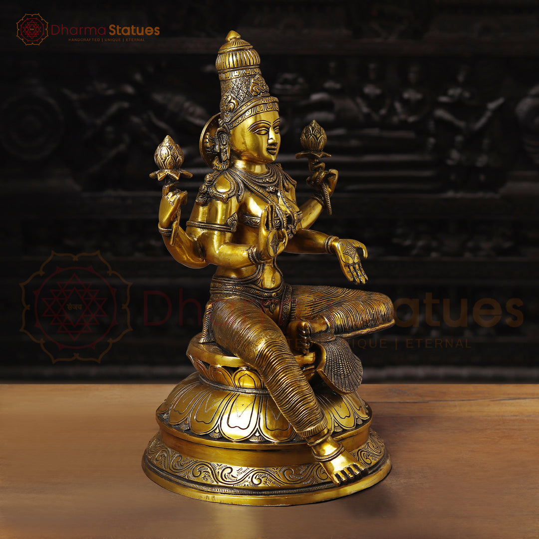 Brass Lakshmi Idol, Sitting on a Lotus, Golden Fine Work 24"