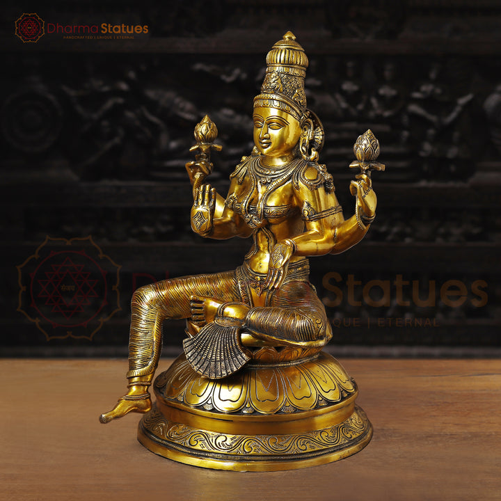 Brass Lakshmi Idol, Sitting on a Lotus, Golden Fine Work 24"