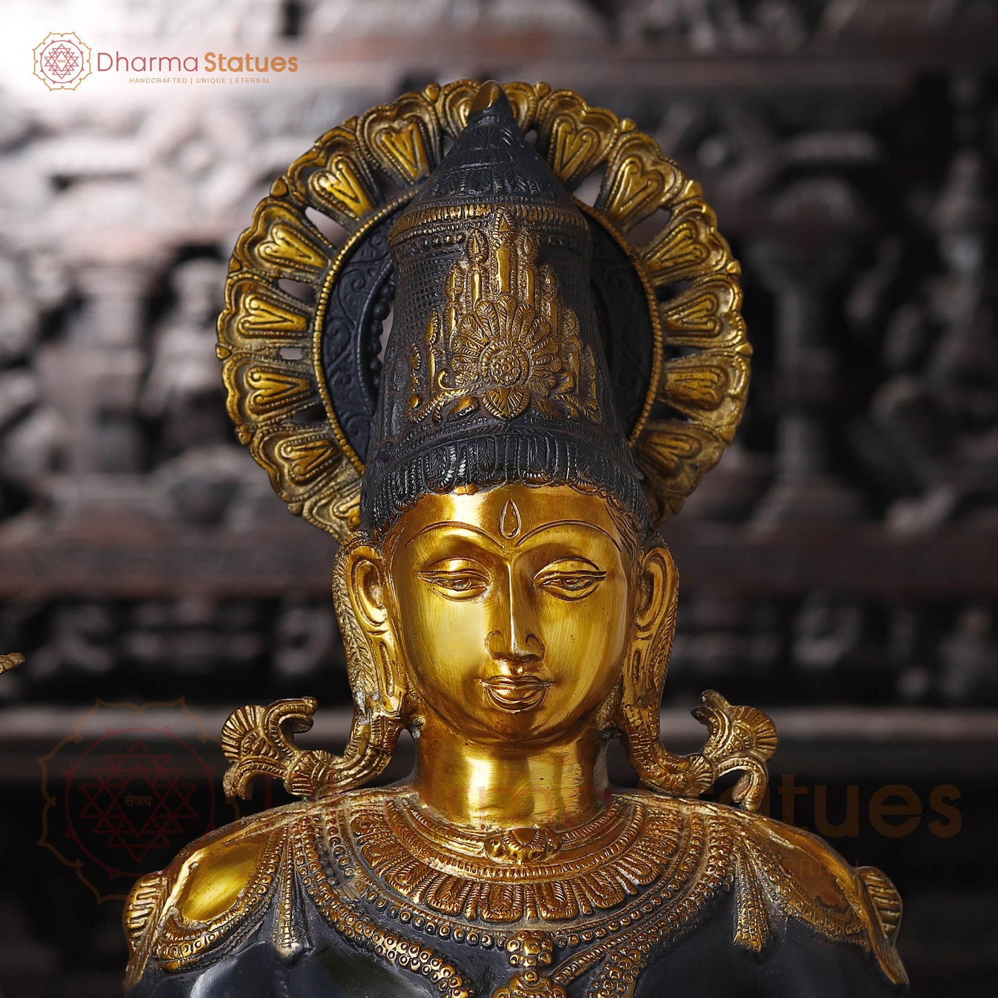 Brass Vishnu Idol, Standing With Chakra & Conch, Black Patina with Golden Accents 41"