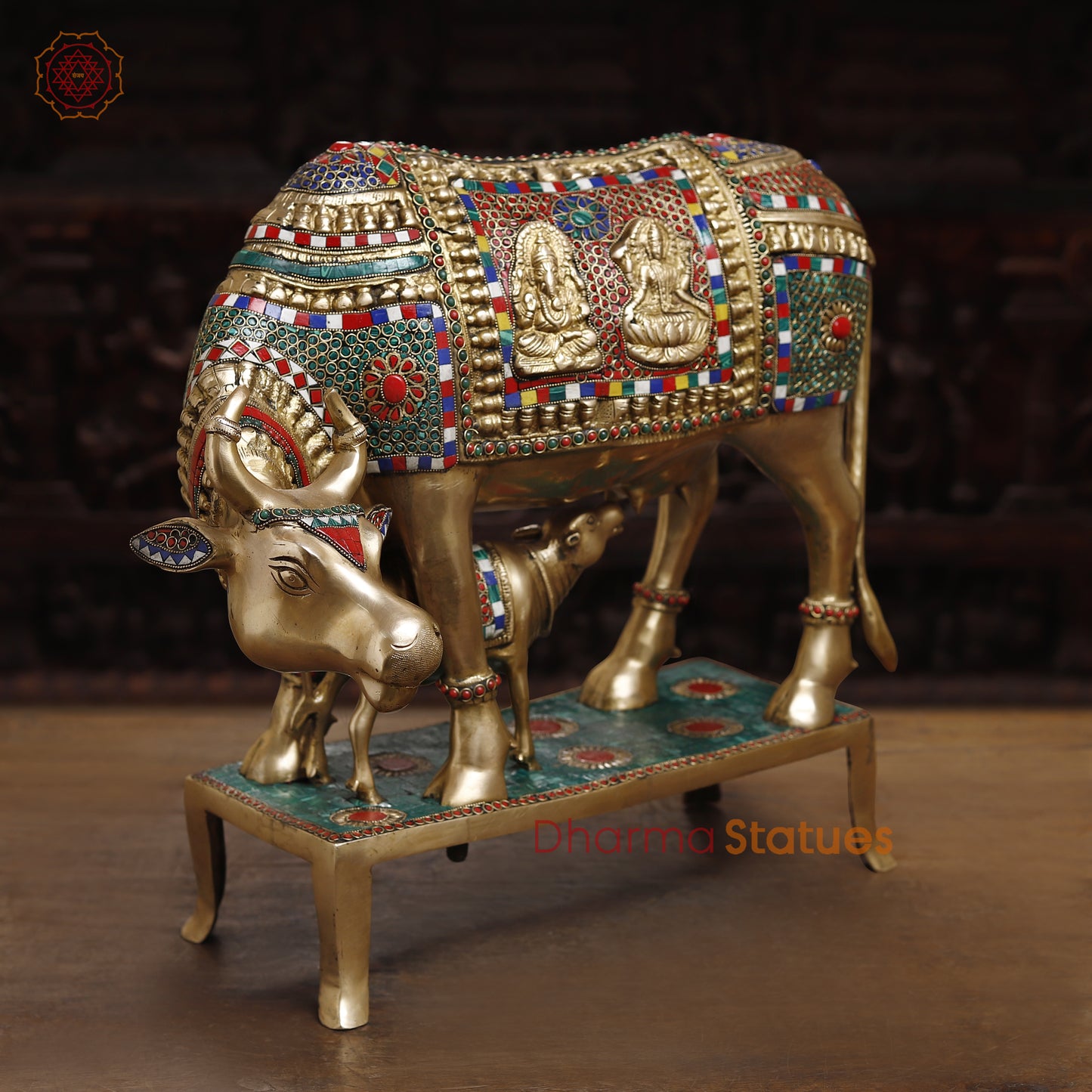Brass Kamdhenu Cow, Feeding His calf, Lakshmi & Ganesh Engraved, Golden and Stone work 9.5"