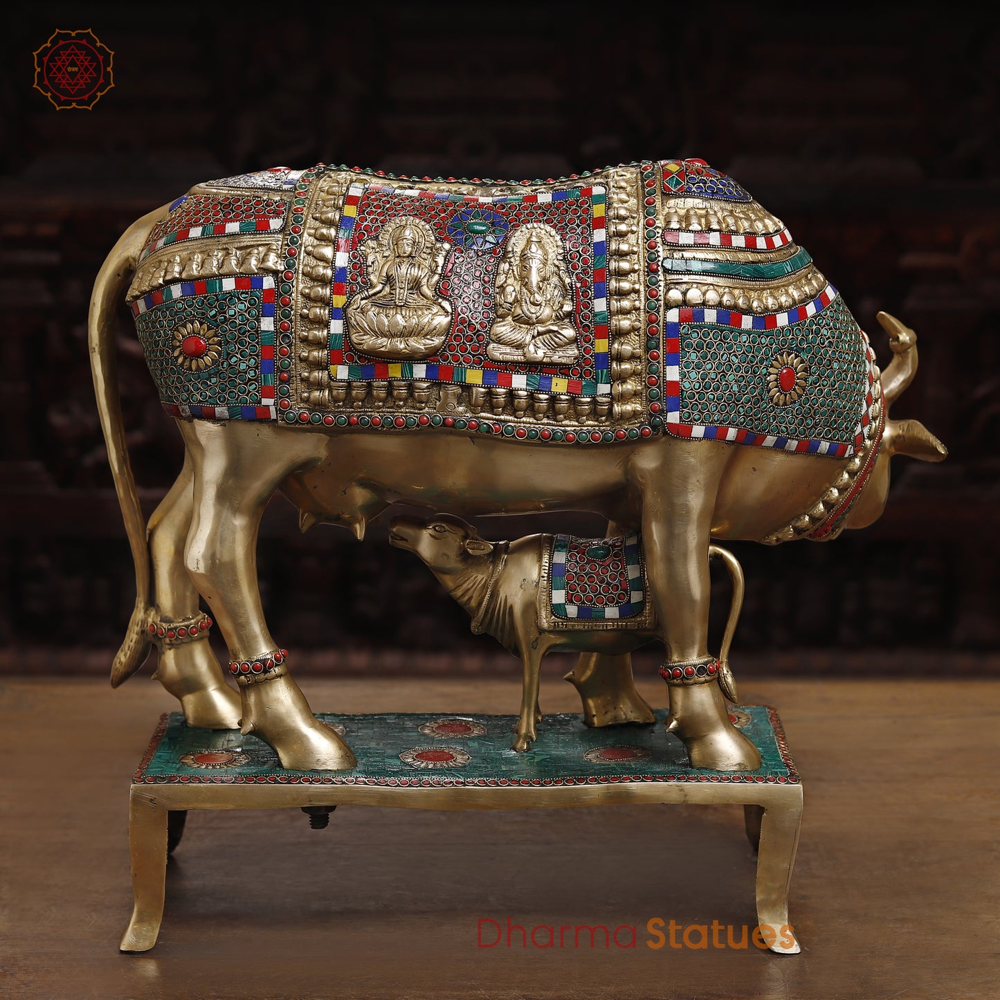 Brass Kamdhenu Cow, Feeding His calf, Lakshmi & Ganesh Engraved, Golden and Stone work 9.5"