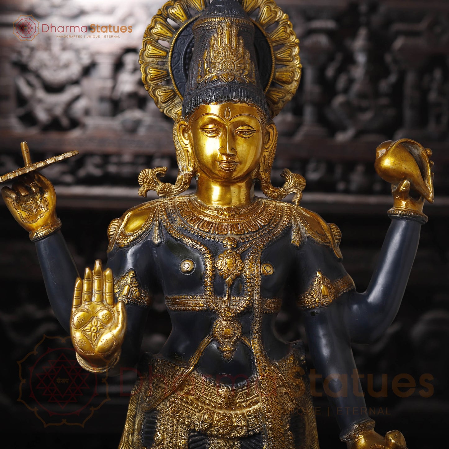 Brass Vishnu Idol, Standing With Chakra & Conch, Black Patina with Golden Accents 41"