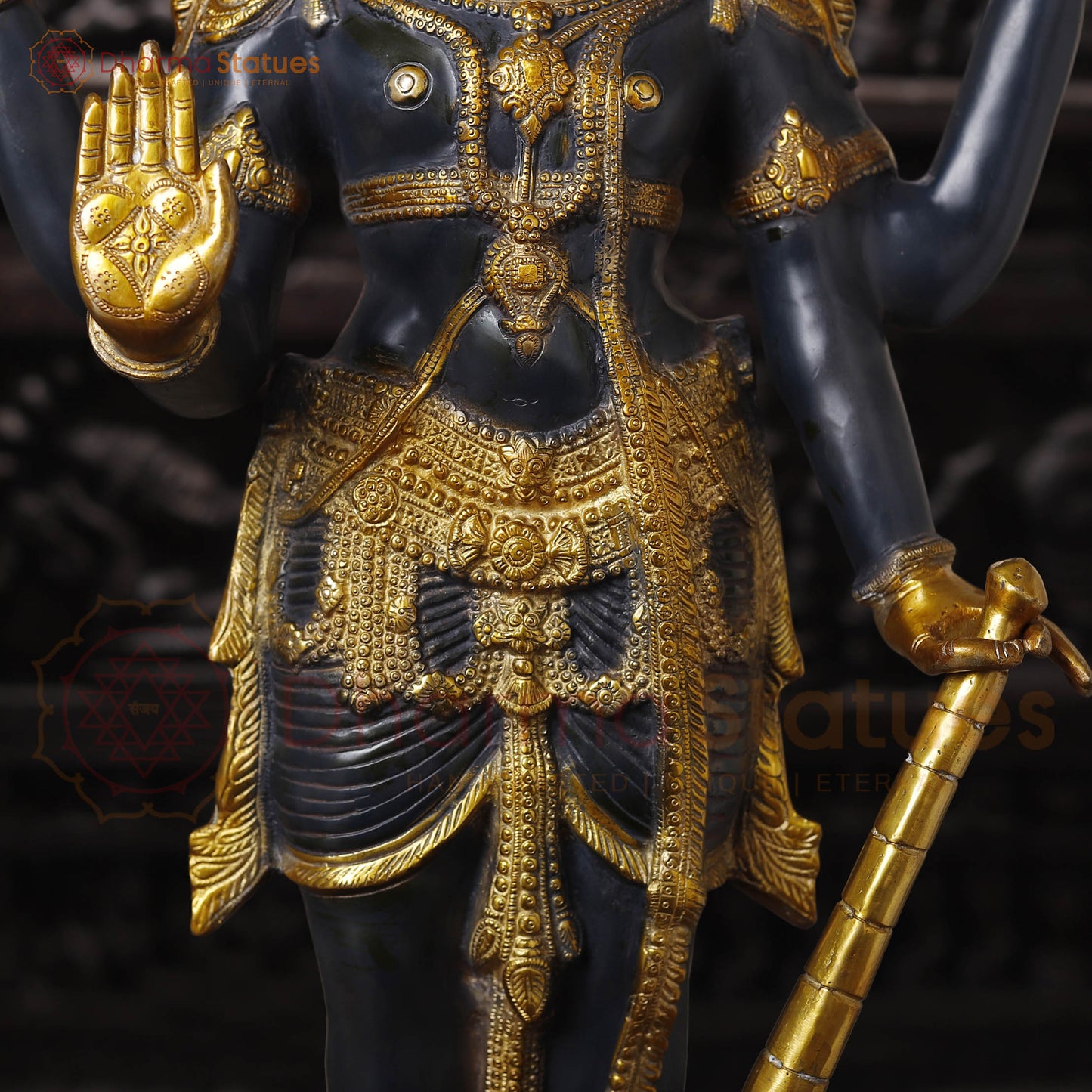 Brass Vishnu Idol, Standing With Chakra & Conch, Black Patina with Golden Accents 41"