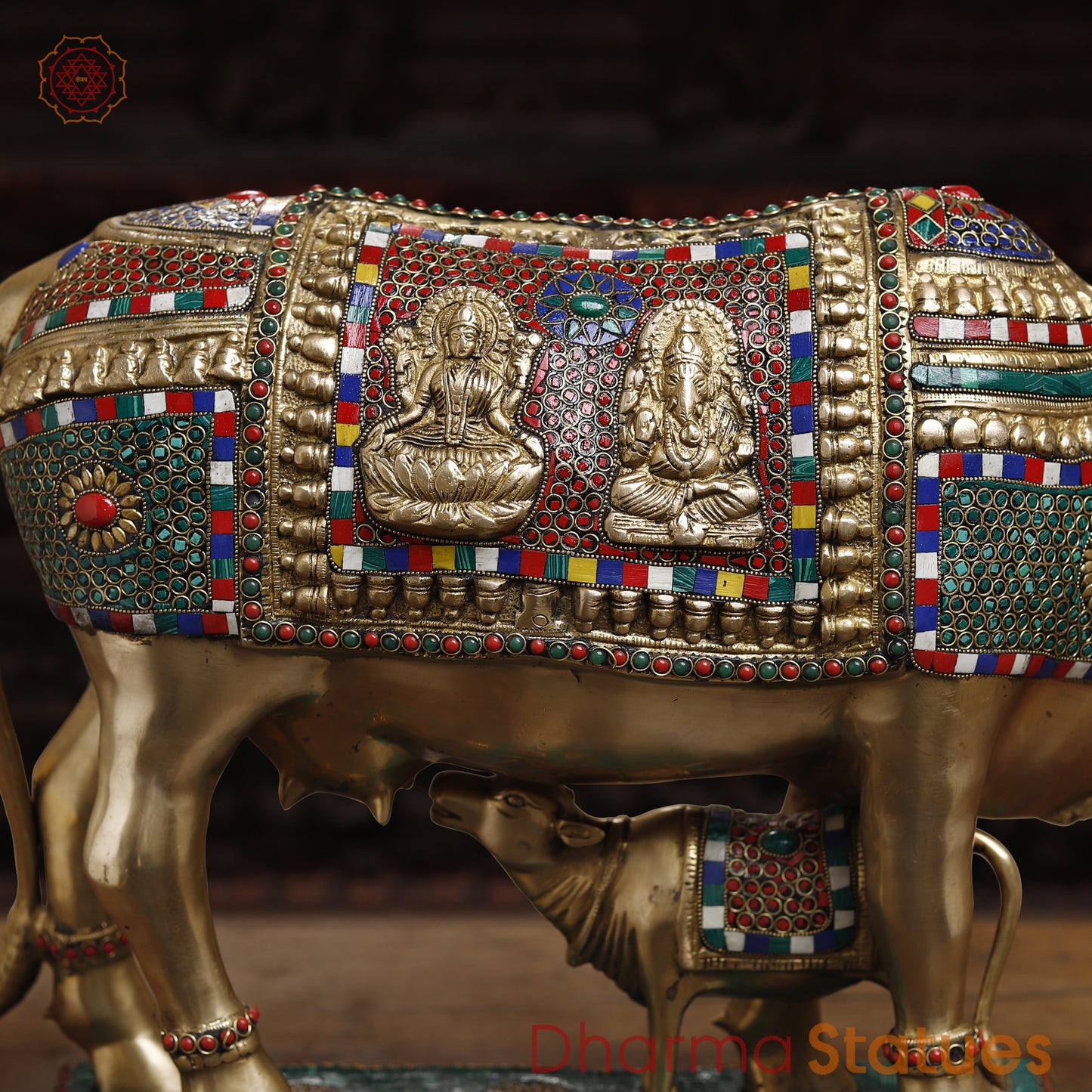 Brass Kamdhenu Cow, Feeding His calf, Lakshmi & Ganesh Engraved, Golden and Stone work 9.5"