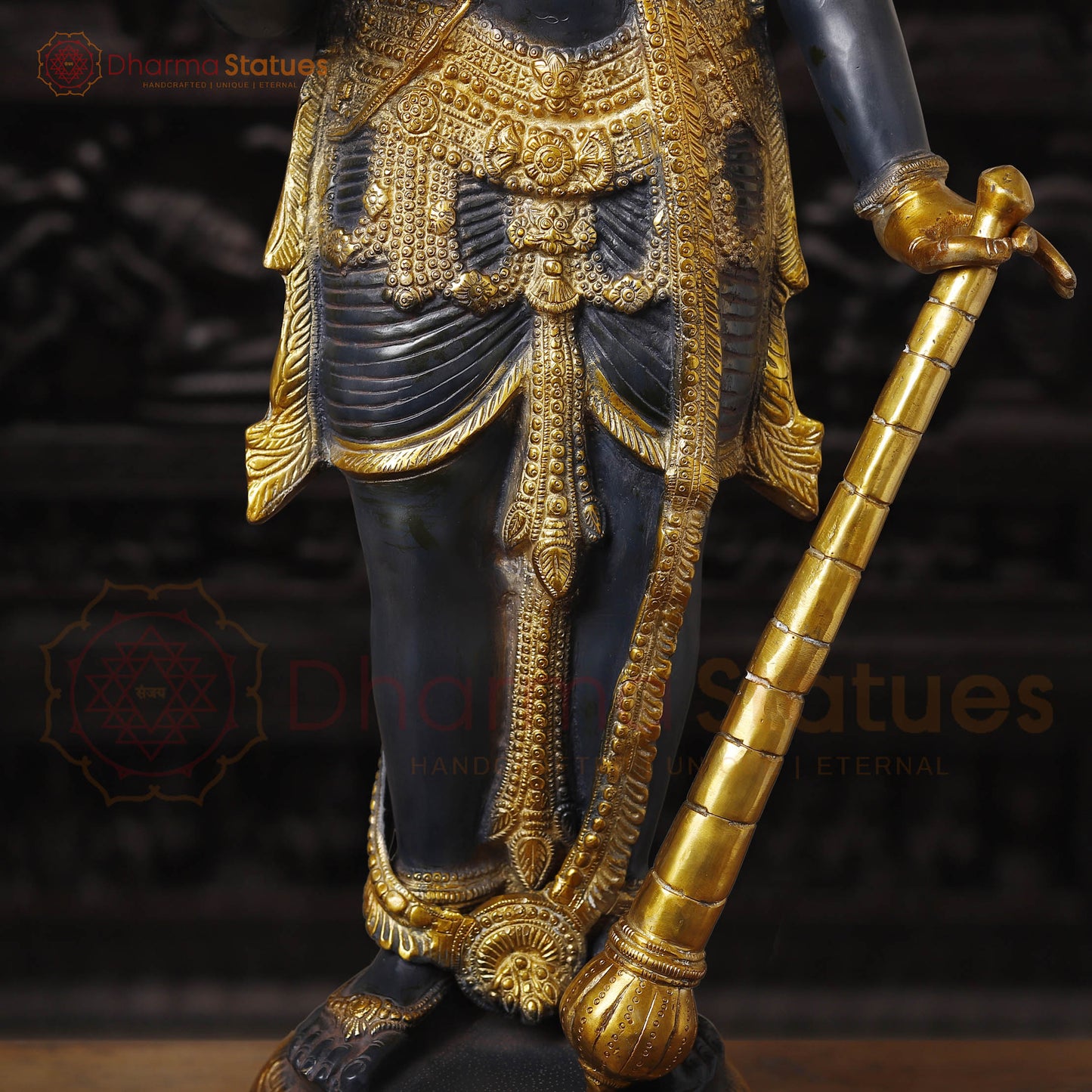Brass Vishnu Idol, Standing With Chakra & Conch, Black Patina with Golden Accents 41"