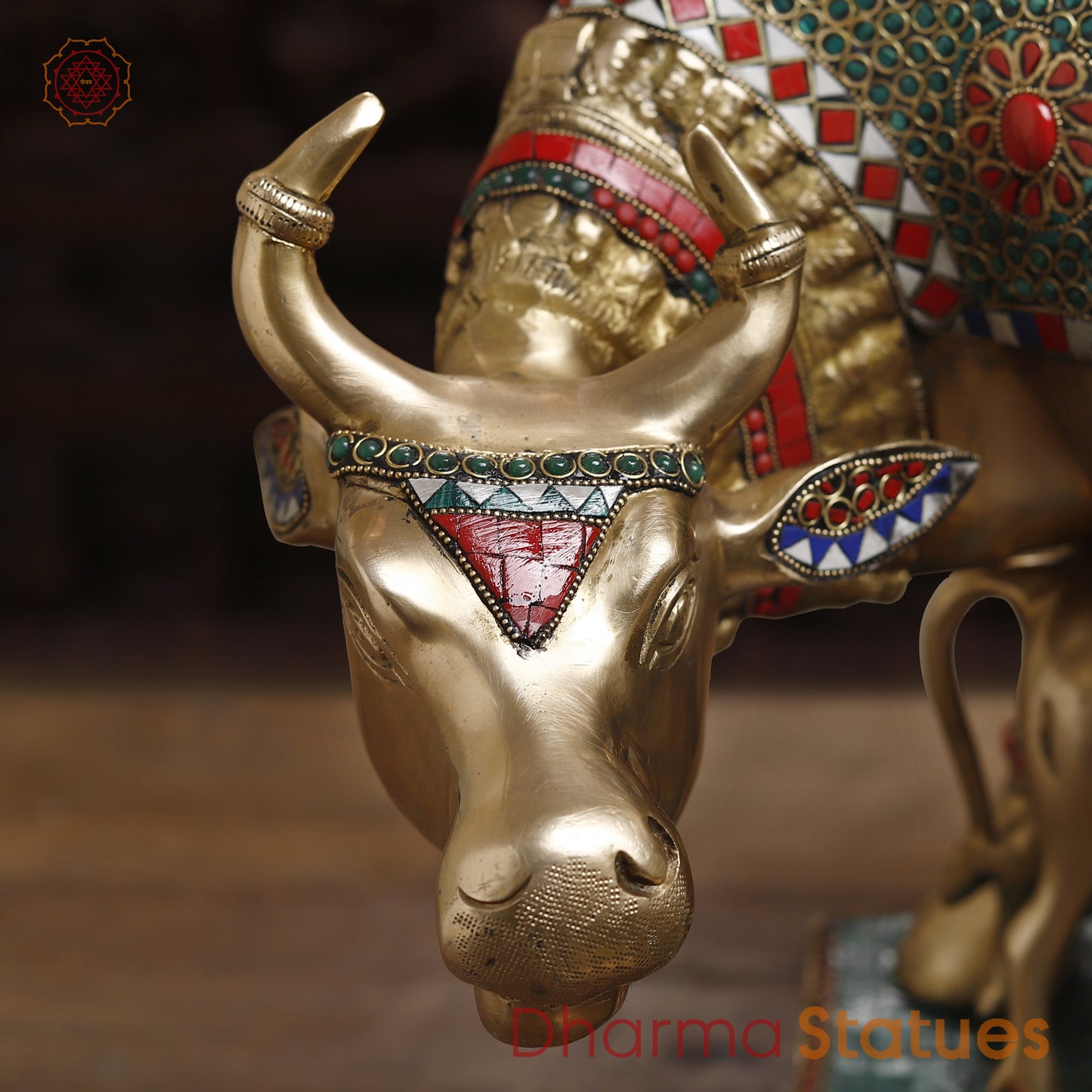 Brass Kamdhenu Cow, Feeding His calf, Lakshmi & Ganesh Engraved, Golden and Stone work 9.5"