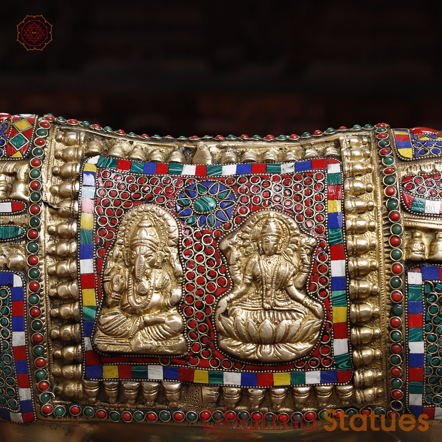 Brass Kamdhenu Cow, Feeding His calf, Lakshmi & Ganesh Engraved, Golden and Stone work 9.5"