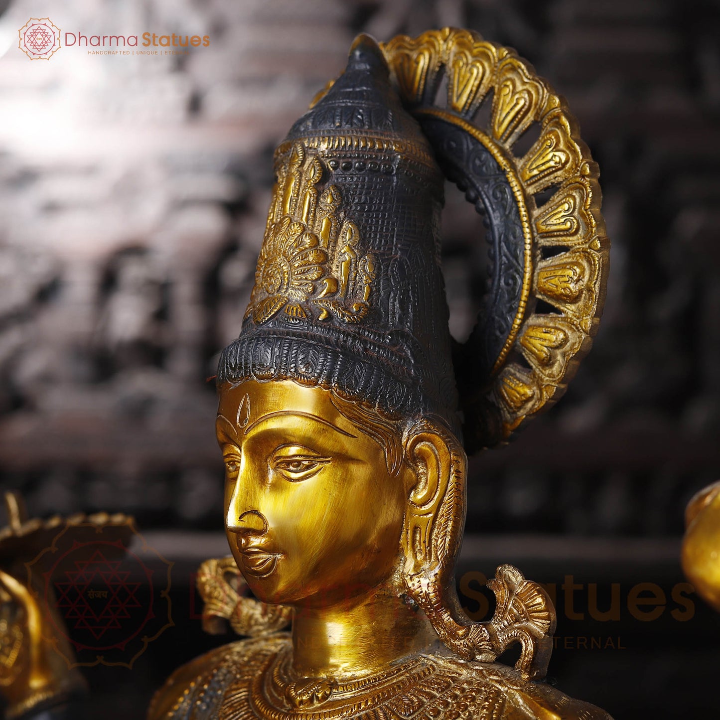 Brass Vishnu Idol, Standing With Chakra & Conch, Black Patina with Golden Accents 41"