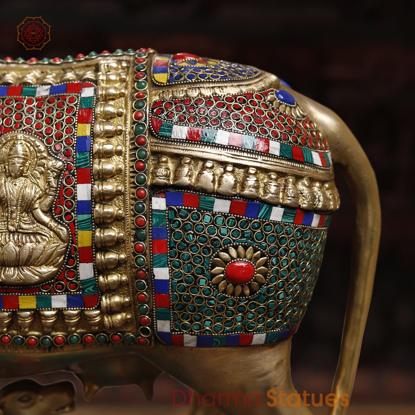Brass Kamdhenu Cow, Feeding His calf, Lakshmi & Ganesh Engraved, Golden and Stone work 9.5"
