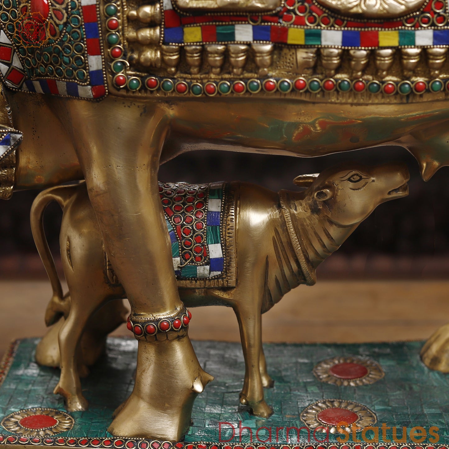 Brass Kamdhenu Cow, Feeding His calf, Lakshmi & Ganesh Engraved, Golden and Stone work 9.5"