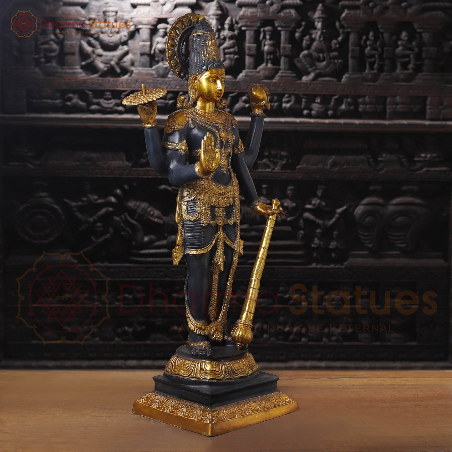 Brass Vishnu Idol, Standing With Chakra & Conch, Black Patina with Golden Accents 41"