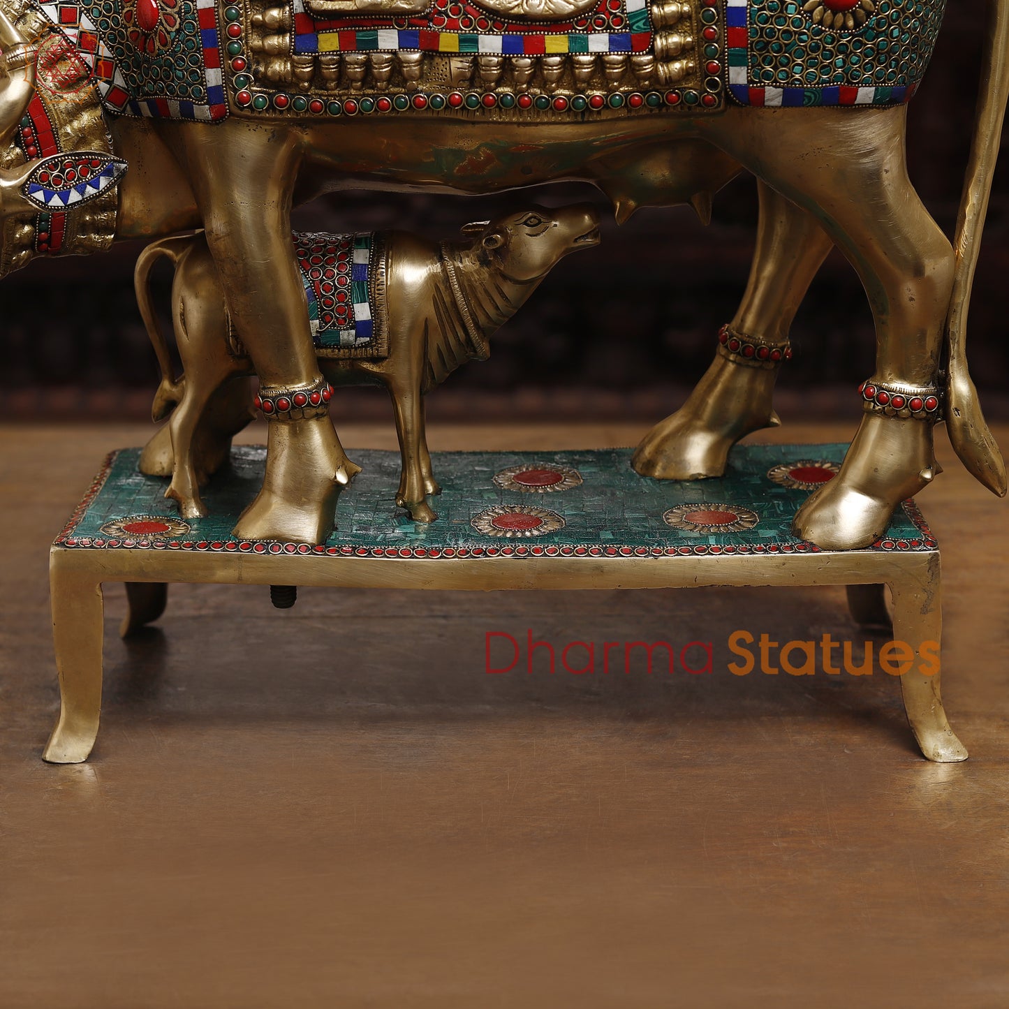 Brass Kamdhenu Cow, Feeding His calf, Lakshmi & Ganesh Engraved, Golden and Stone work 9.5"