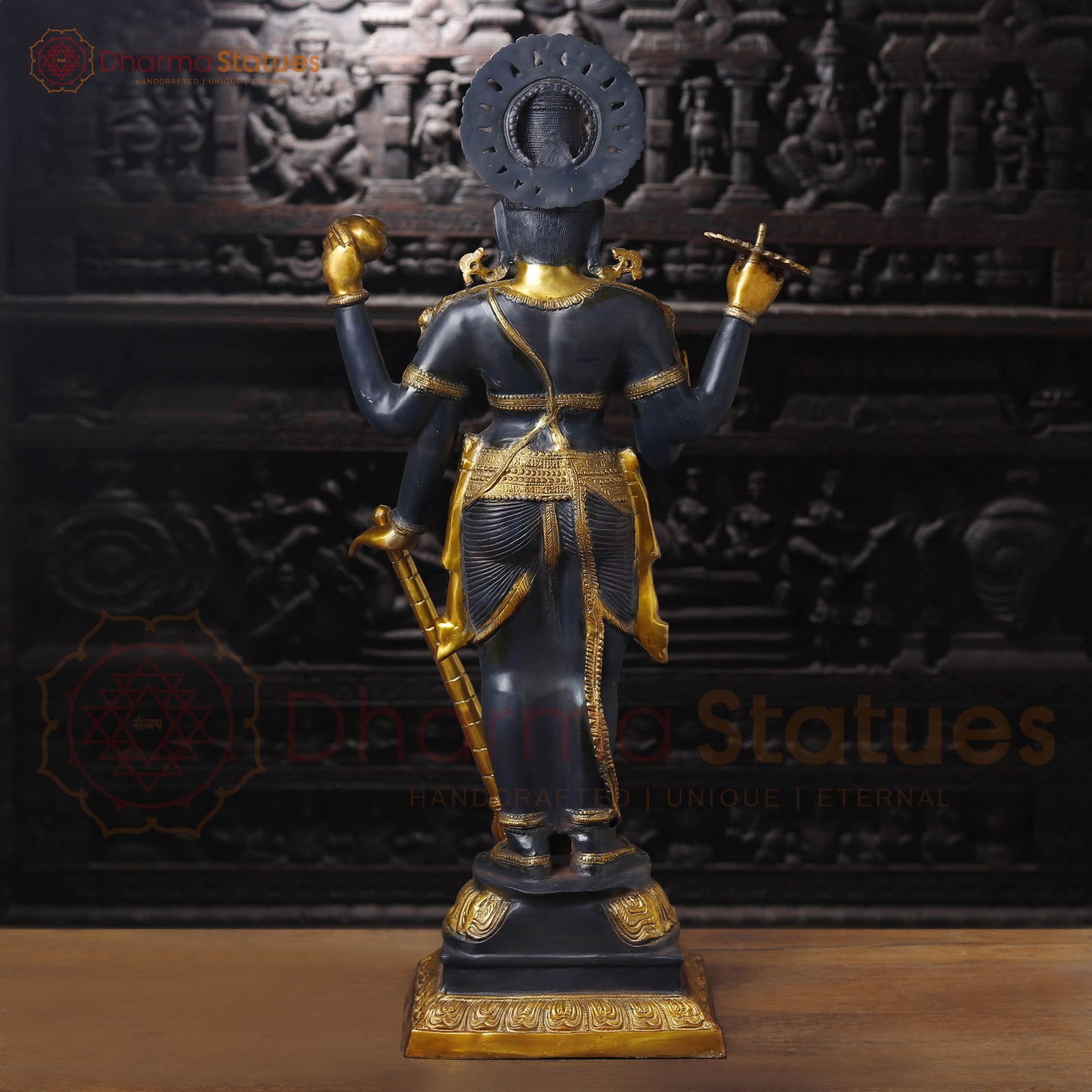 Brass Vishnu Idol, Standing With Chakra & Conch, Black Patina with Golden Accents 41"