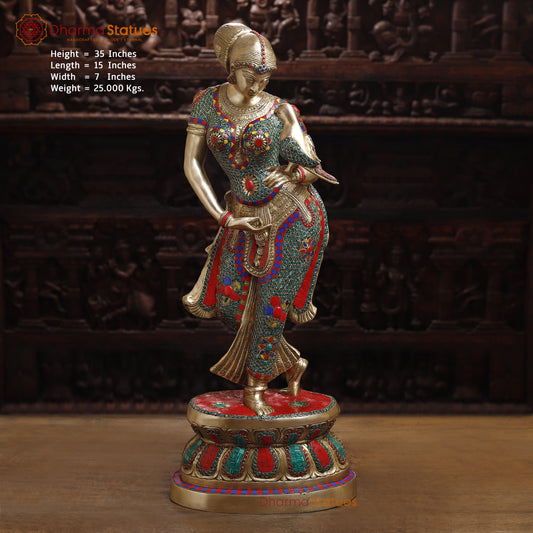 Brass Lady with Inlay Work, Stonework & Golden Finish, 35"