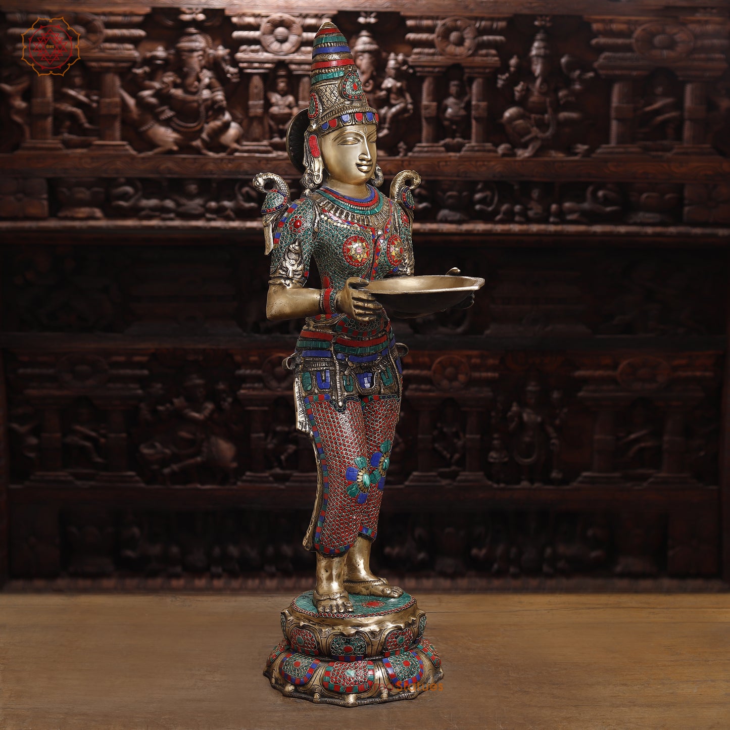 Brass Deep lakshmi with Fine Inlay Work, Stonework & Golden Finish, 43"