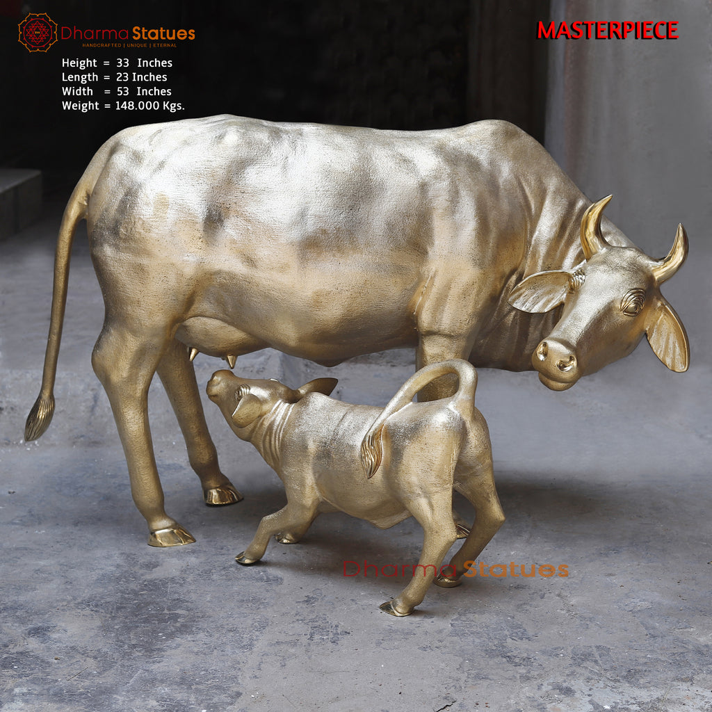 Brass Kamdhenu Cow & Calf, Wish-Fulfilling Symbol of Abundance, Fine Gold Finish 33"