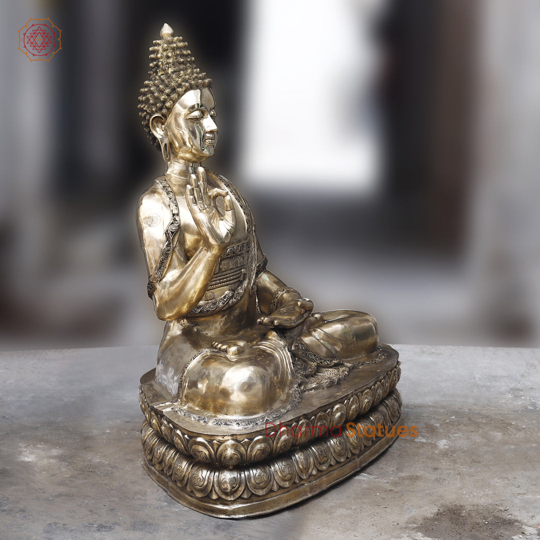 Brass Buddha seated in Blessing Posture, Fine Golden Finish, 58"