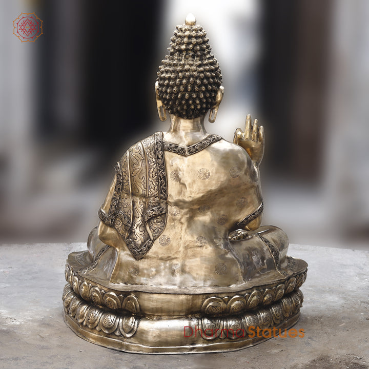 Brass Buddha seated in Blessing Posture, Fine Golden Finish, 58"