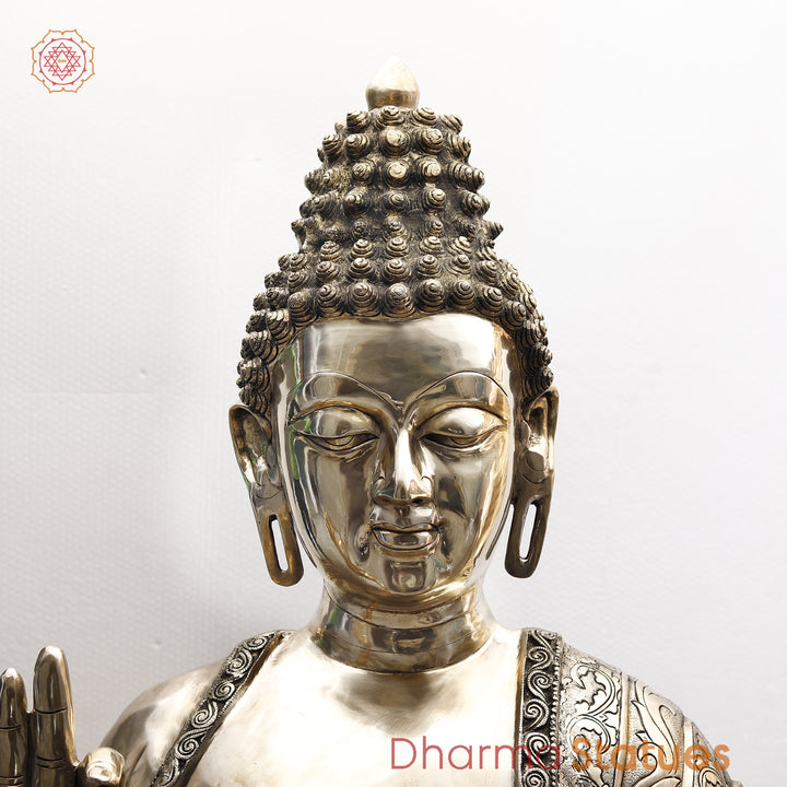 Brass Buddha seated in Blessing Posture, Fine Golden Finish, 58"