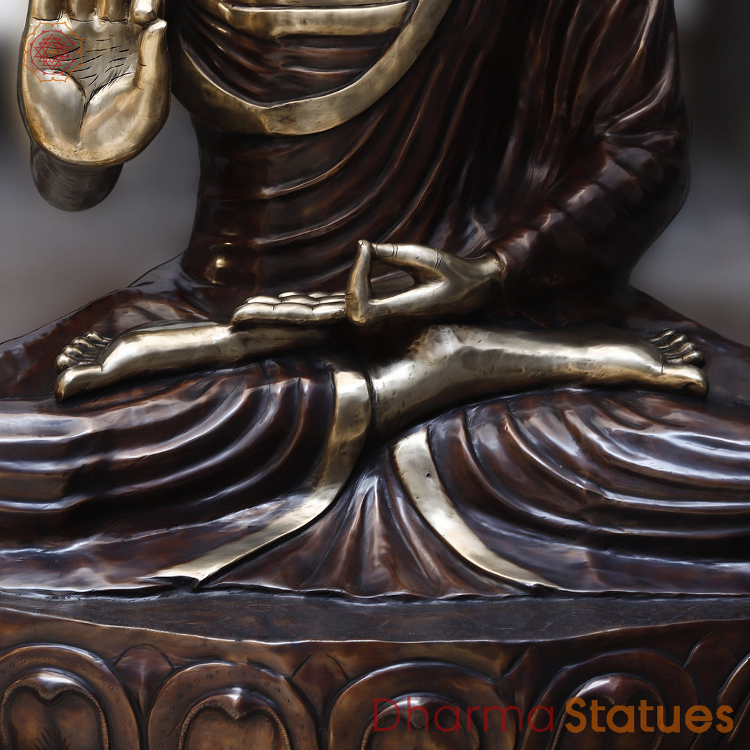 Brass Buddha seated in Blessing Posture, Golden & Copper Finish, 64"