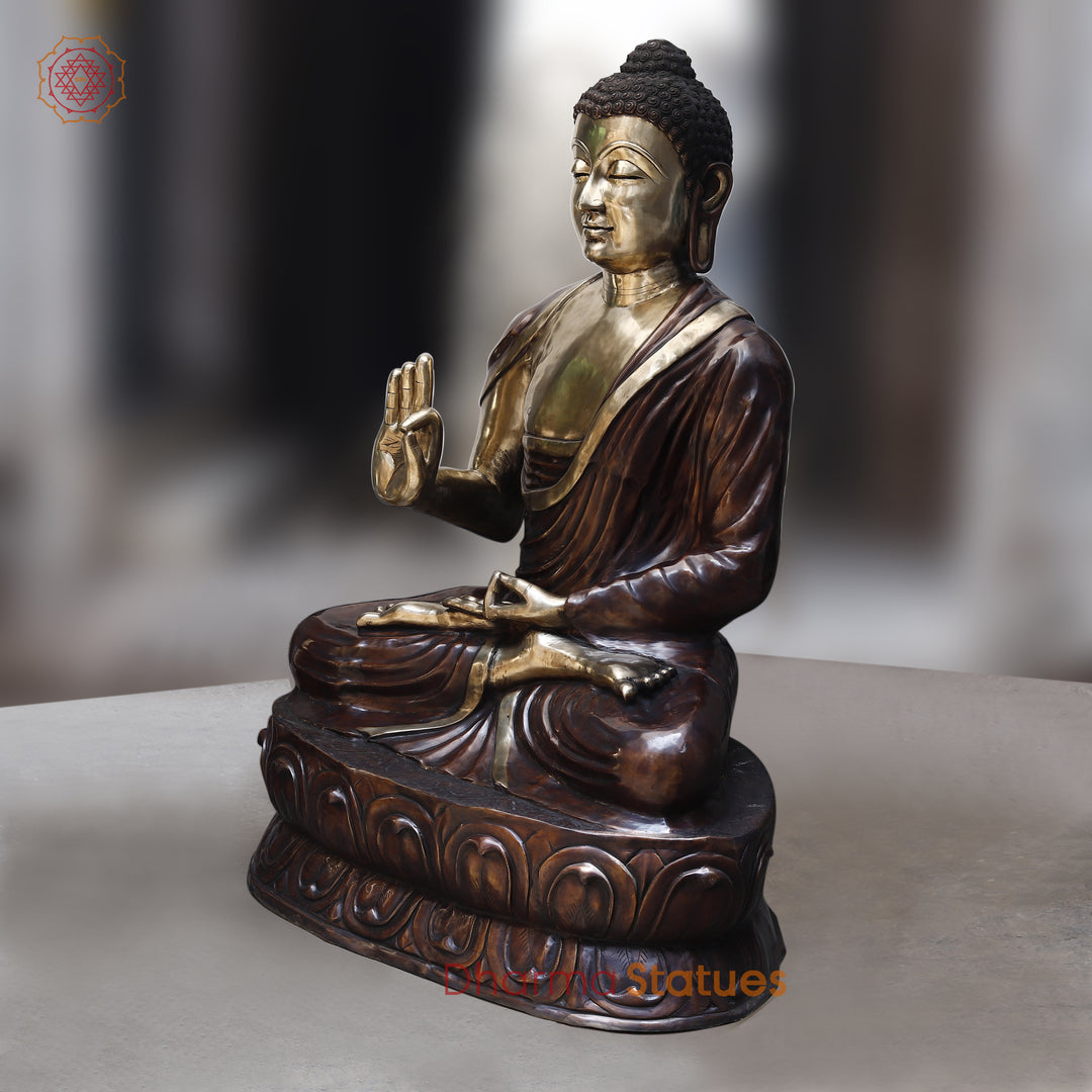 Brass Buddha seated in Blessing Posture, Golden & Copper Finish, 64"