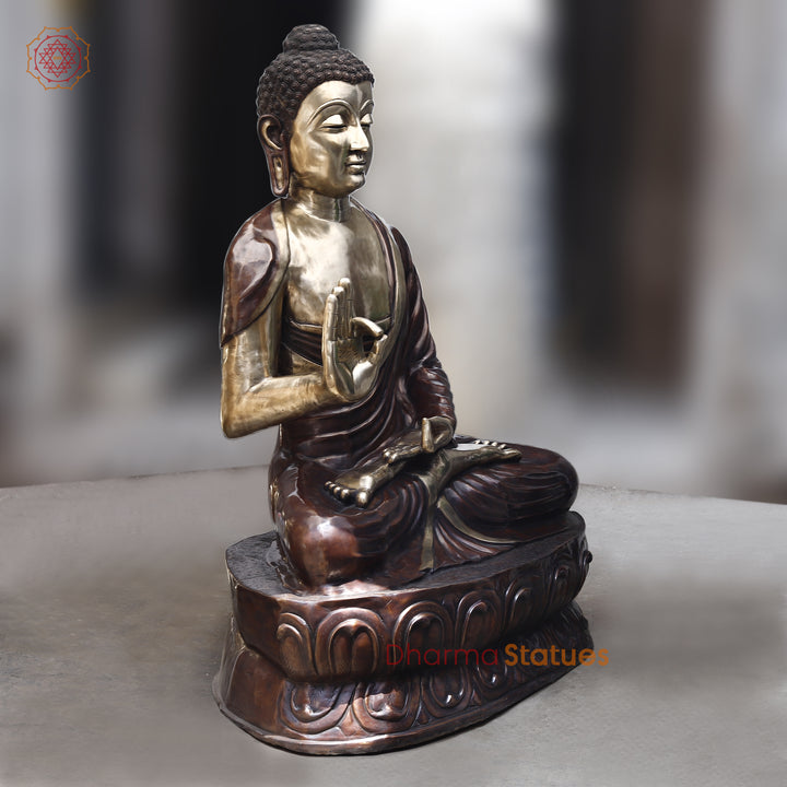 Brass Buddha seated in Blessing Posture, Golden & Copper Finish, 64"