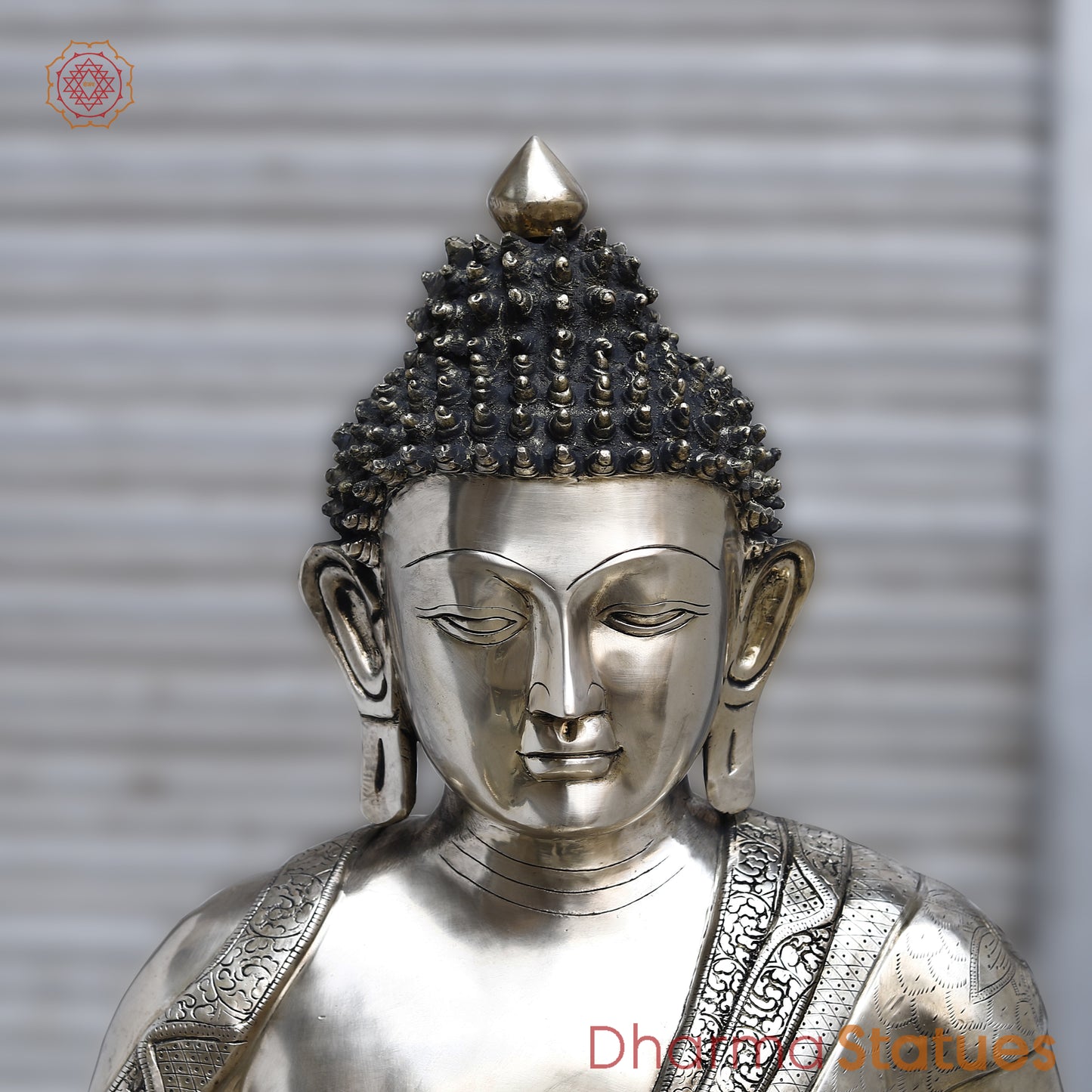 Brass Buddha seated in Blessing, Silver Finish, 44"