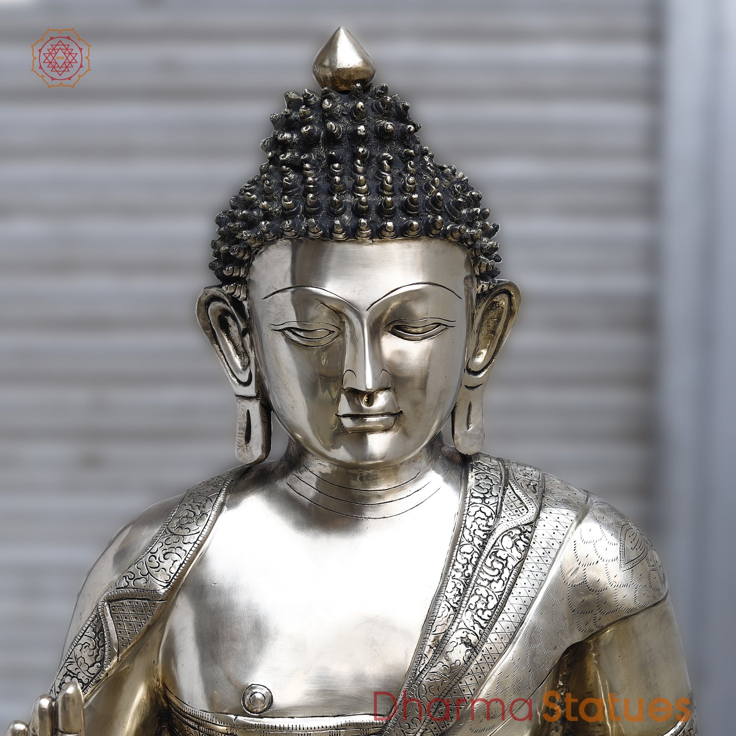 Brass Buddha seated in Blessing, Silver Finish, 44"