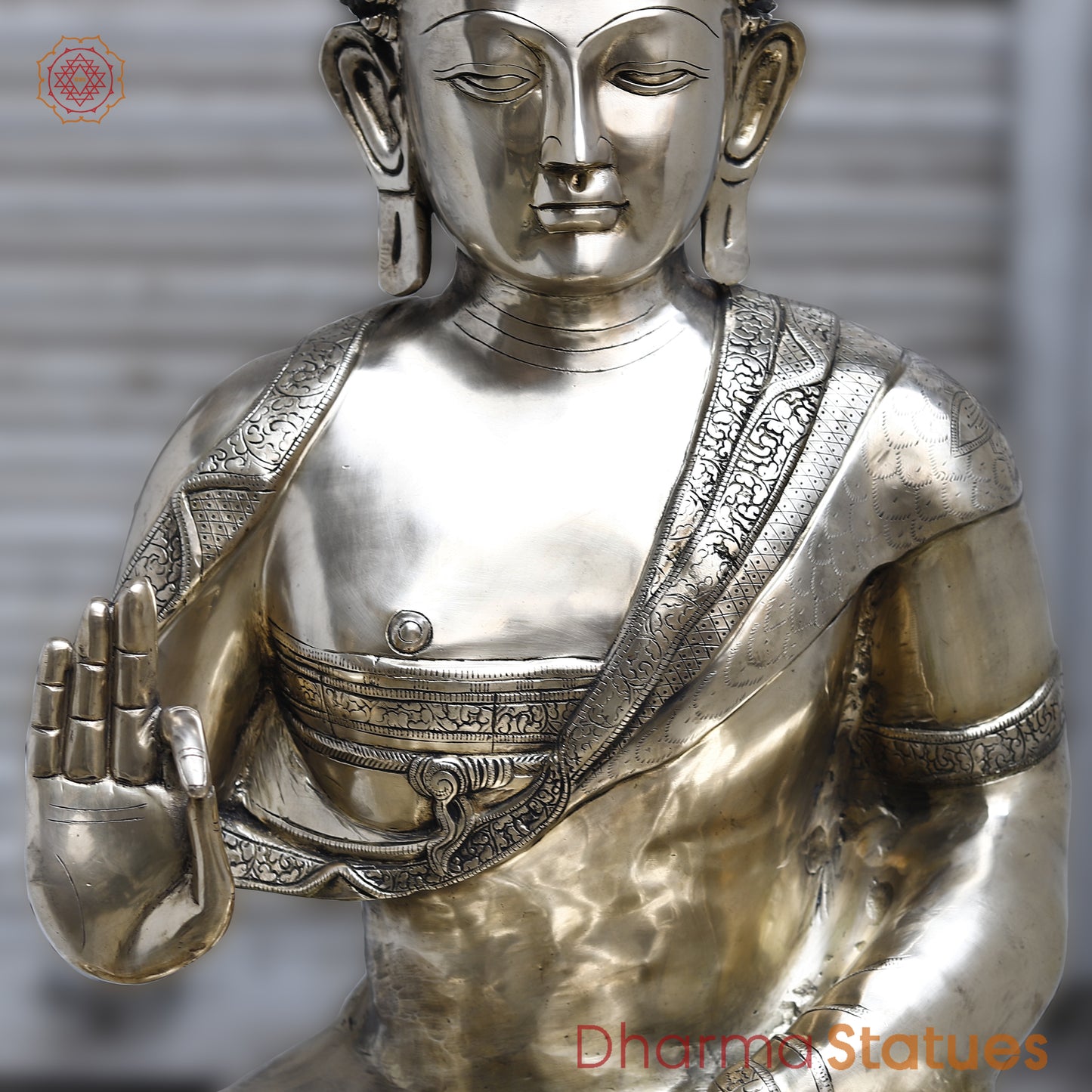 Brass Buddha seated in Blessing, Silver Finish, 44"