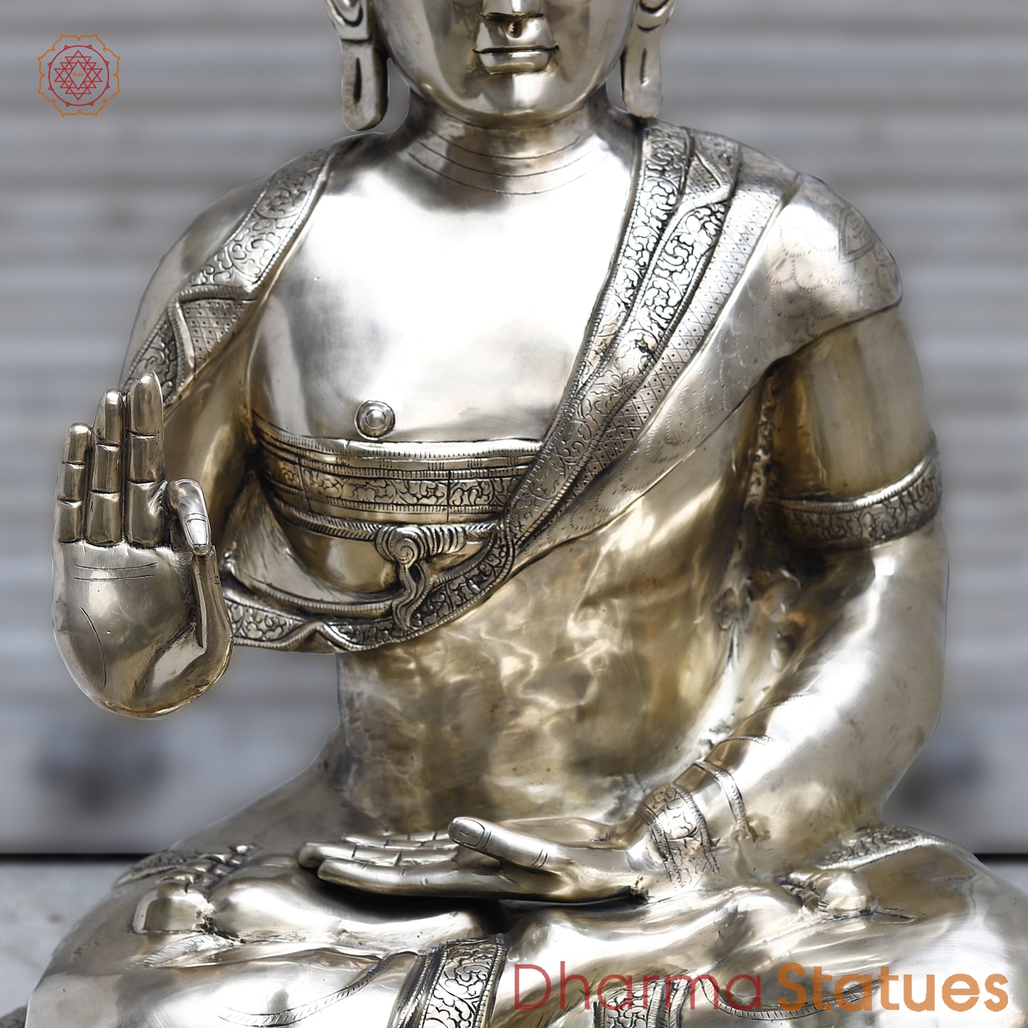 Brass Buddha seated in Blessing, Silver Finish, 44"