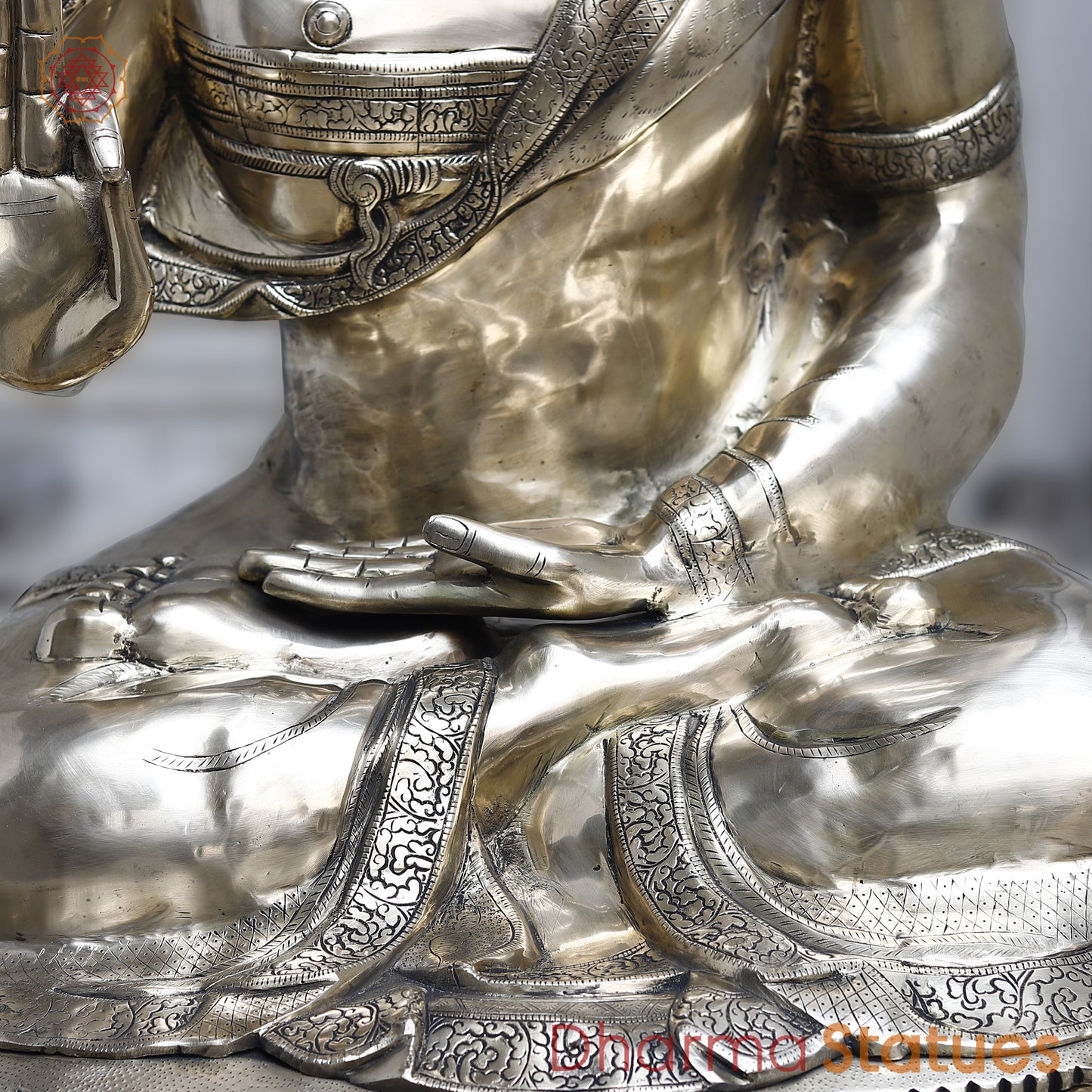 Brass Buddha seated in Blessing, Silver Finish, 44"