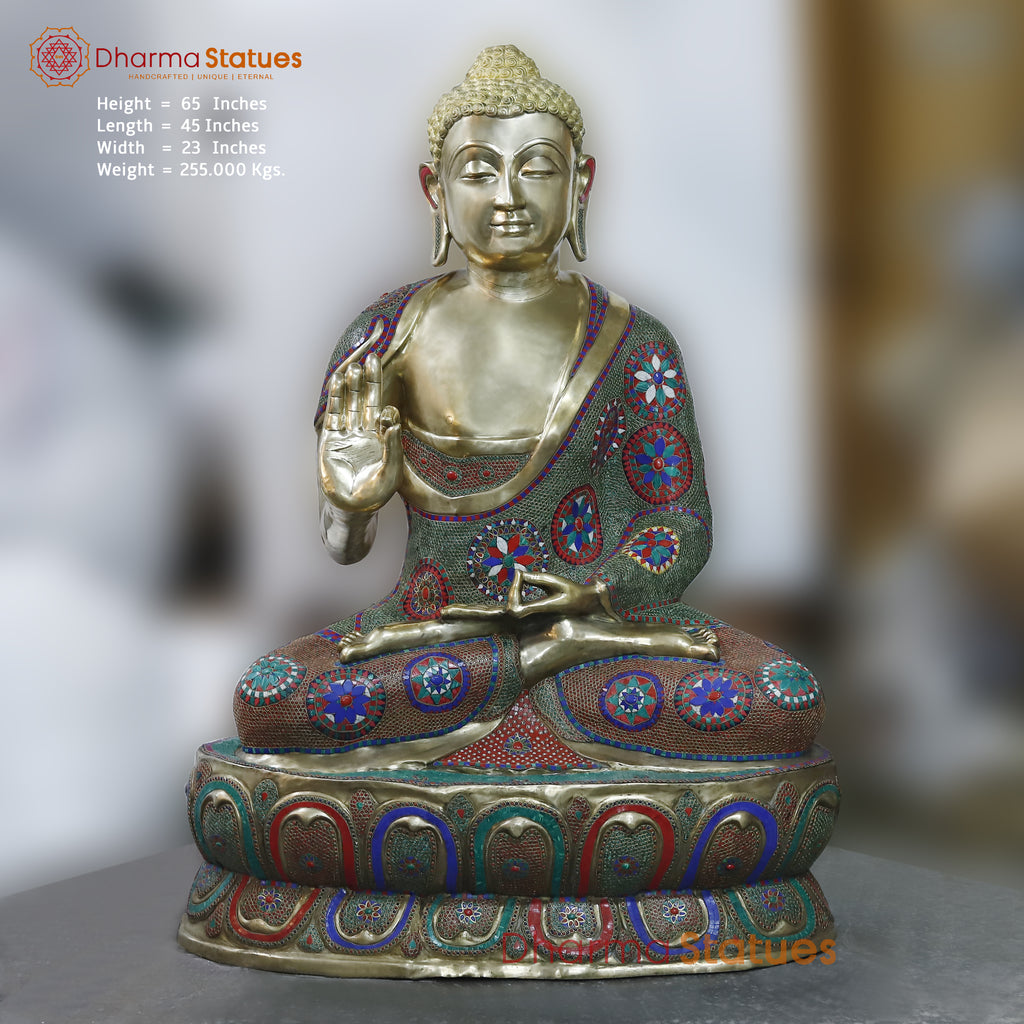 Brass Buddha Blessing, Floral Stone Work 65”