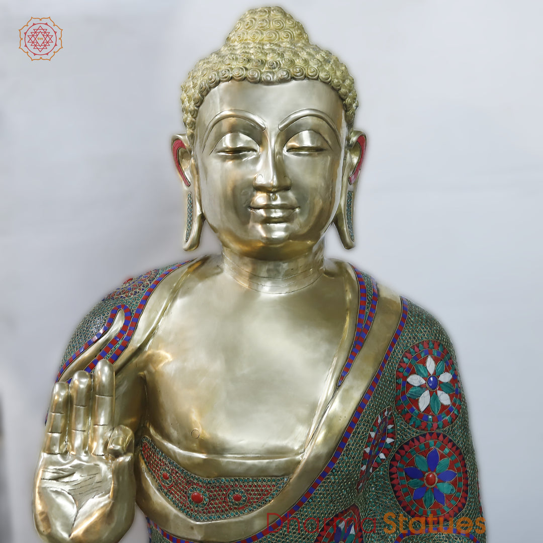 Brass Buddha Blessing, Floral Stone Work 65”