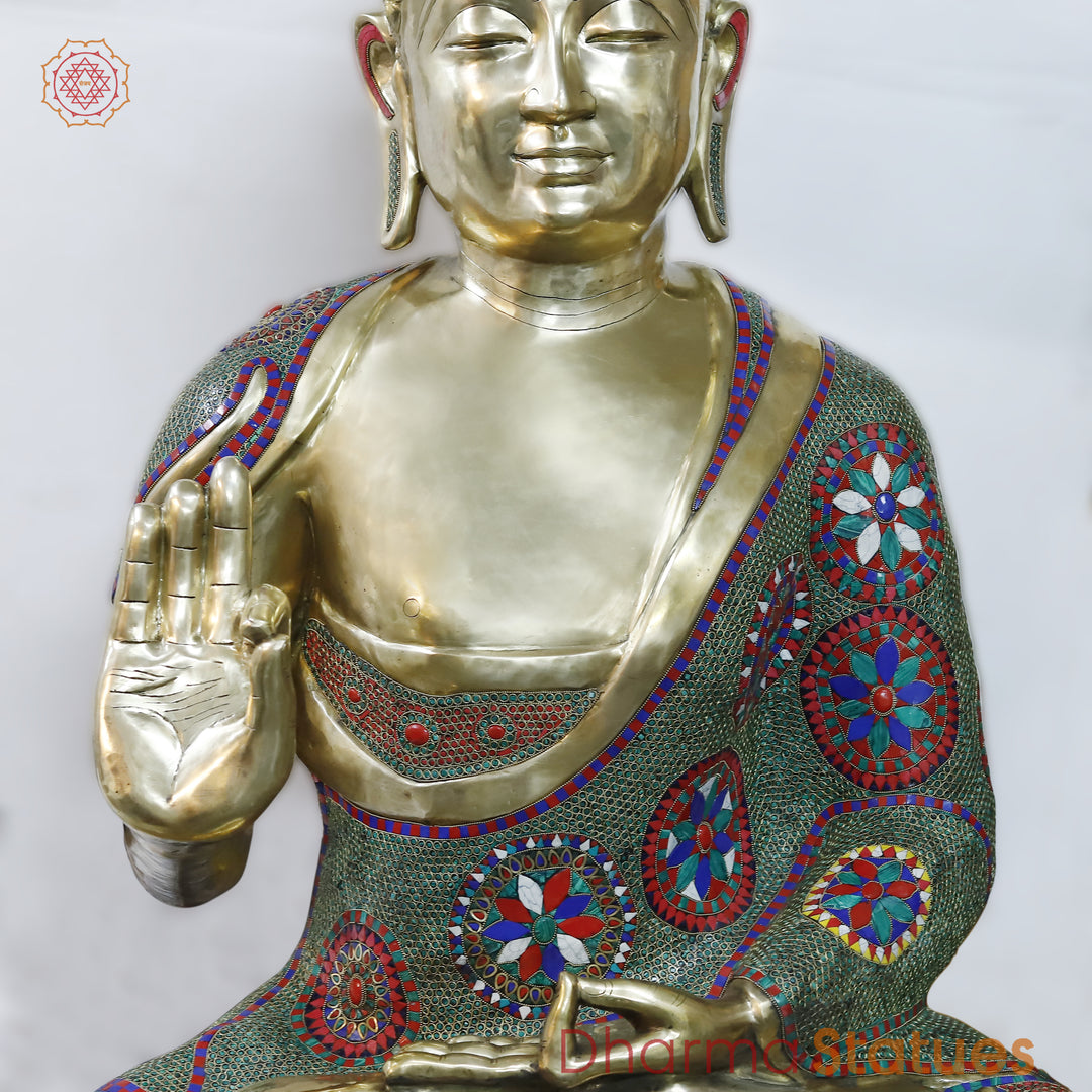 Brass Buddha Blessing, Floral Stone Work 65”