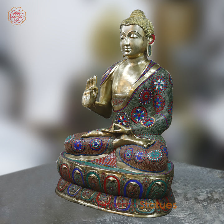 Brass Buddha Blessing, Floral Stone Work 65”