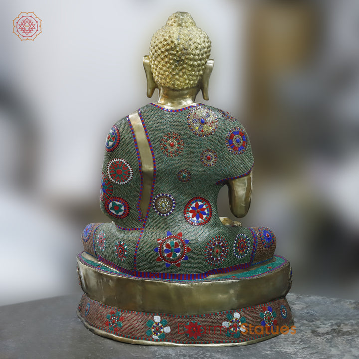 Brass Buddha Blessing, Floral Stone Work 65”