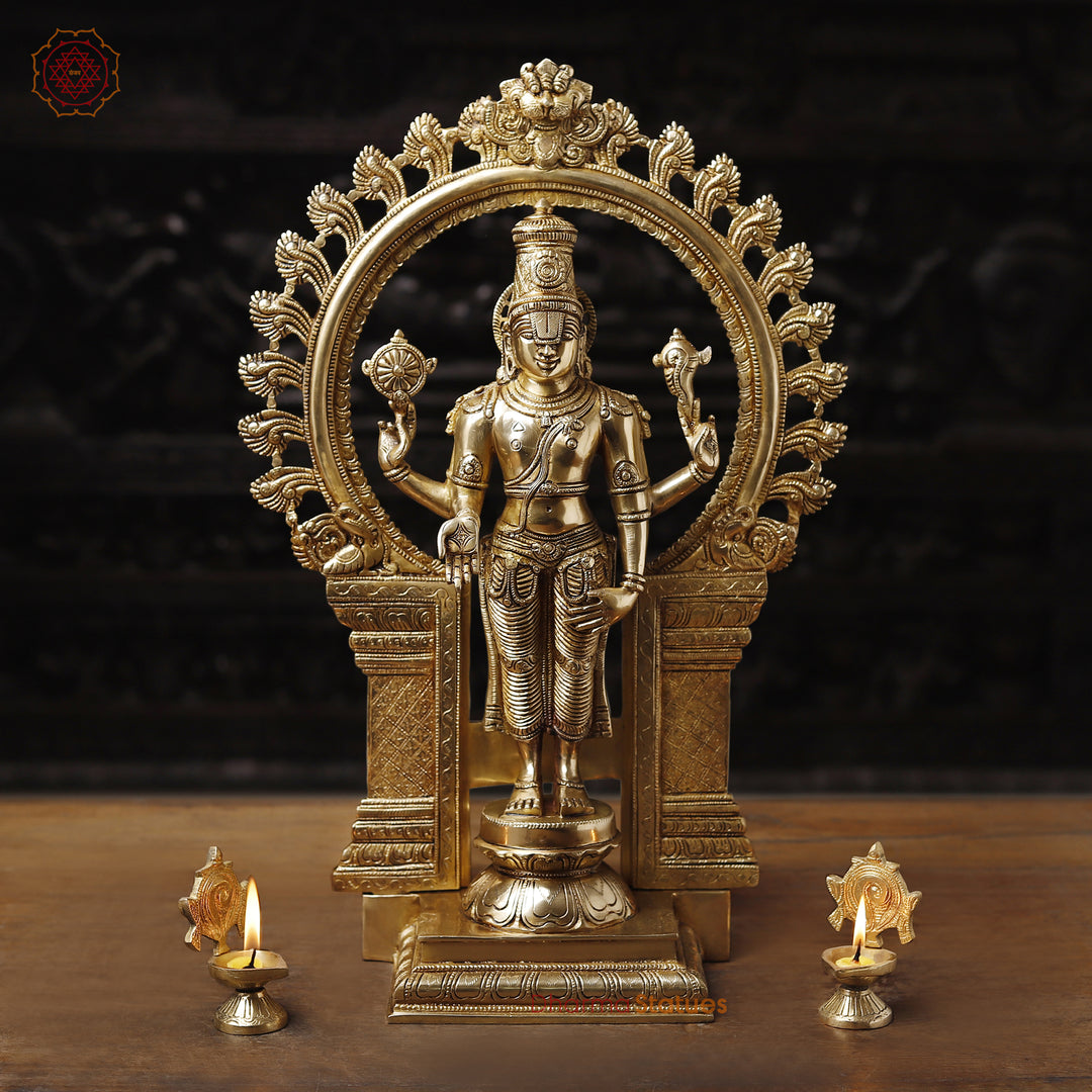 Brass Frame Vishnu Standing Fine Detailing, Special Gold Finish 22"