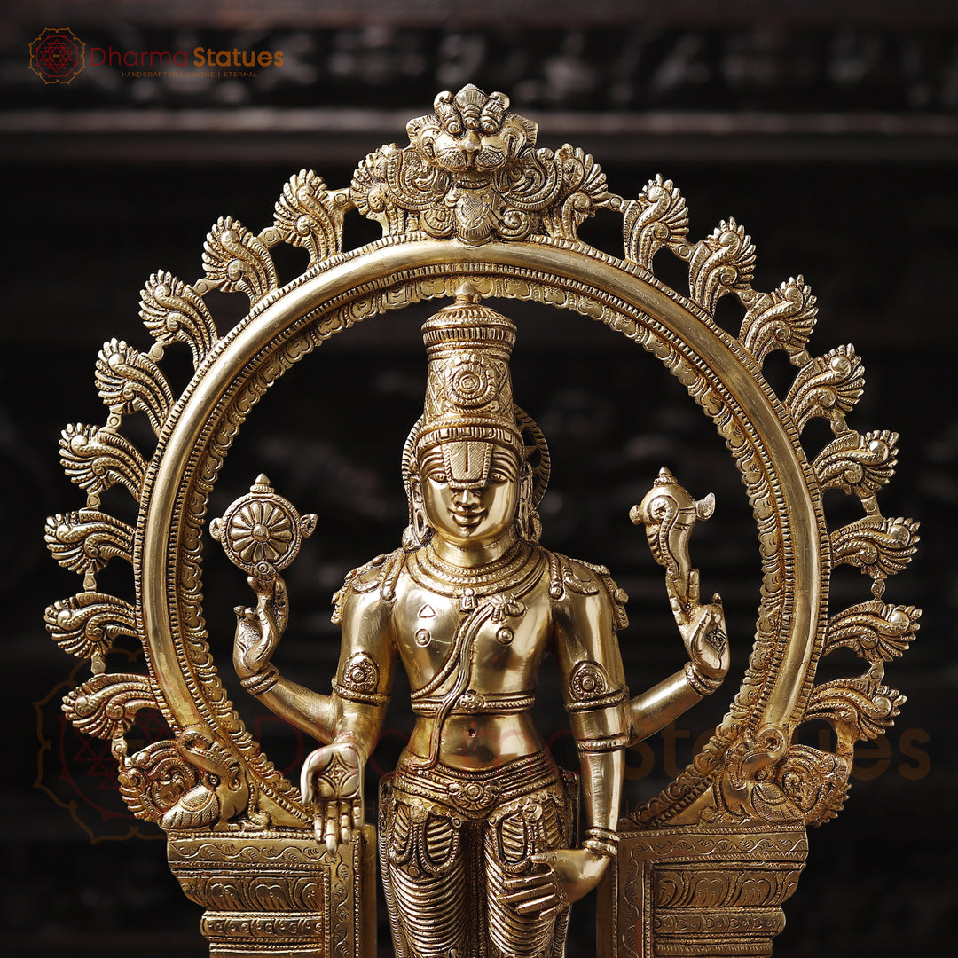 Brass Frame Vishnu Standing Fine Detailing, Special Gold Finish 22"